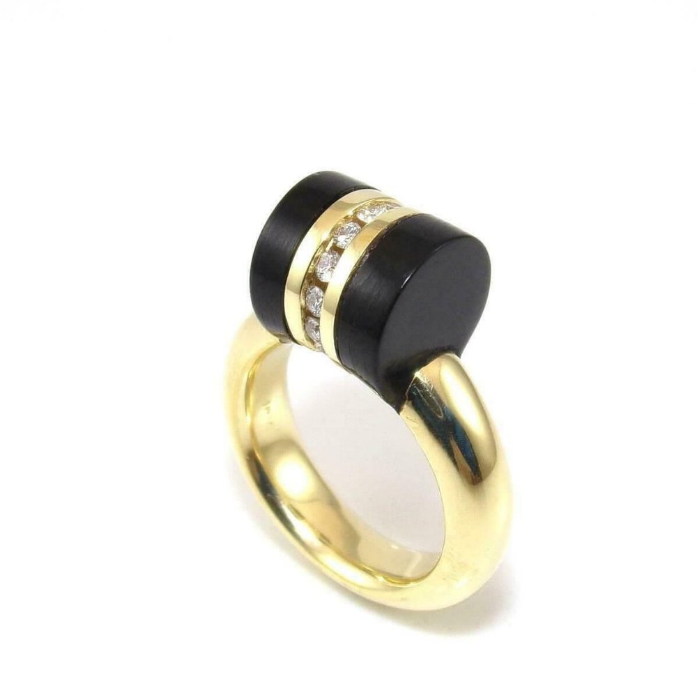 18K Gold Diamond Black Onyx Modernist Ring 4.25